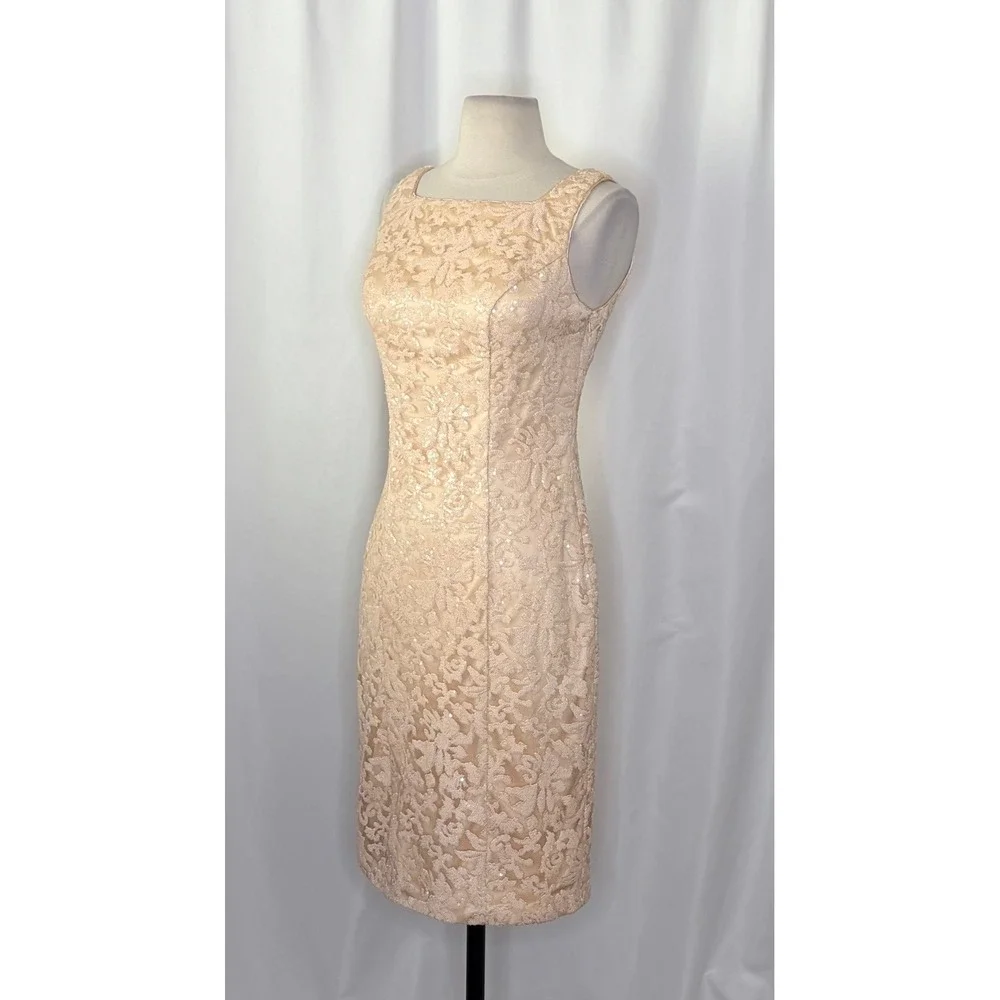 SUE WONG Nocturne Champagne Sequin Sleeveless Party Cocktail Sheath Dress Size 4 - Picture 6 of 15